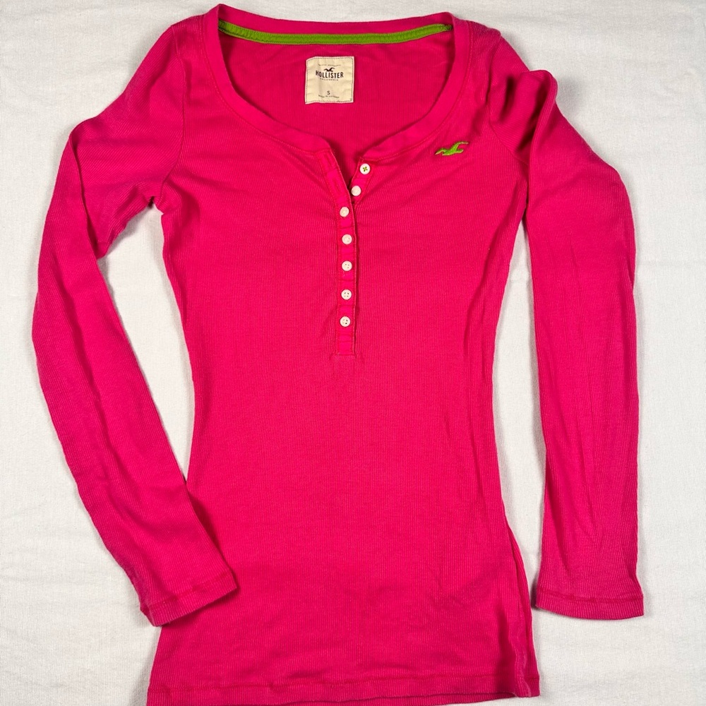 Vintage Y2K Hollister Long Sleeved Pink Henley Top Babydoll S